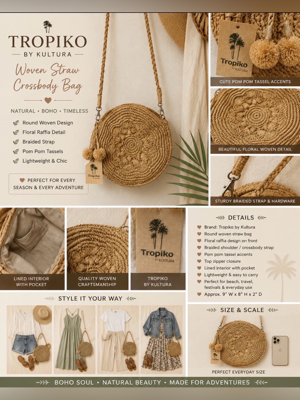 Tropiko - Round Woven Crossbody Bag - Natural Tan- Poms